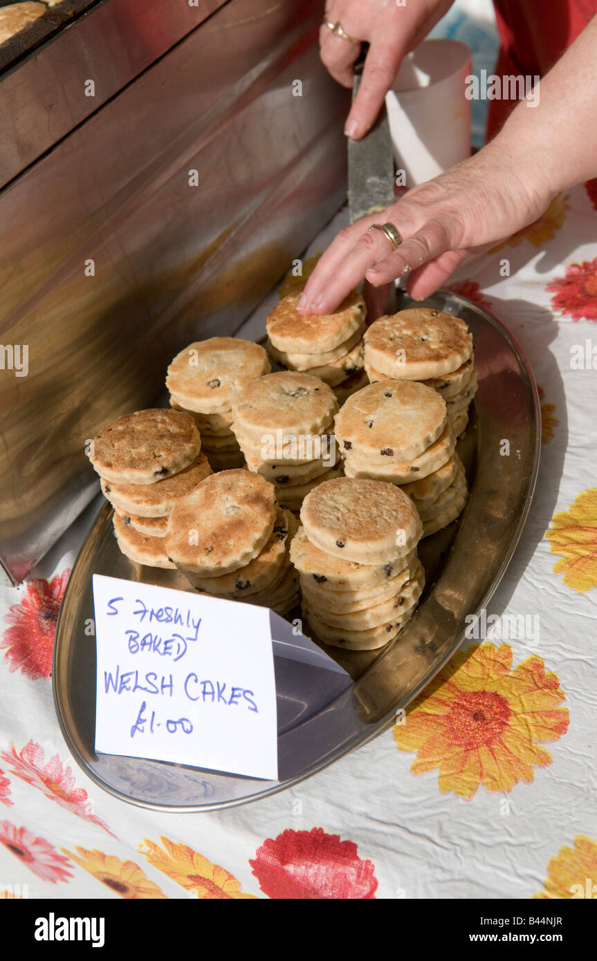Teller mit frisch gekochten Zimt gewürzt Welsh Cakes zum Verkauf an Aberystwyth Bauern Markt und Lebensmittel fair Wales UK Stockfoto