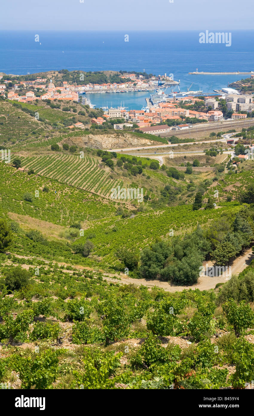 Port-Vendres und seine Weinberge im Hinterland des mediterranen Côte Vermeille, Ursprung der berühmten Weine von Banyuls Stockfoto