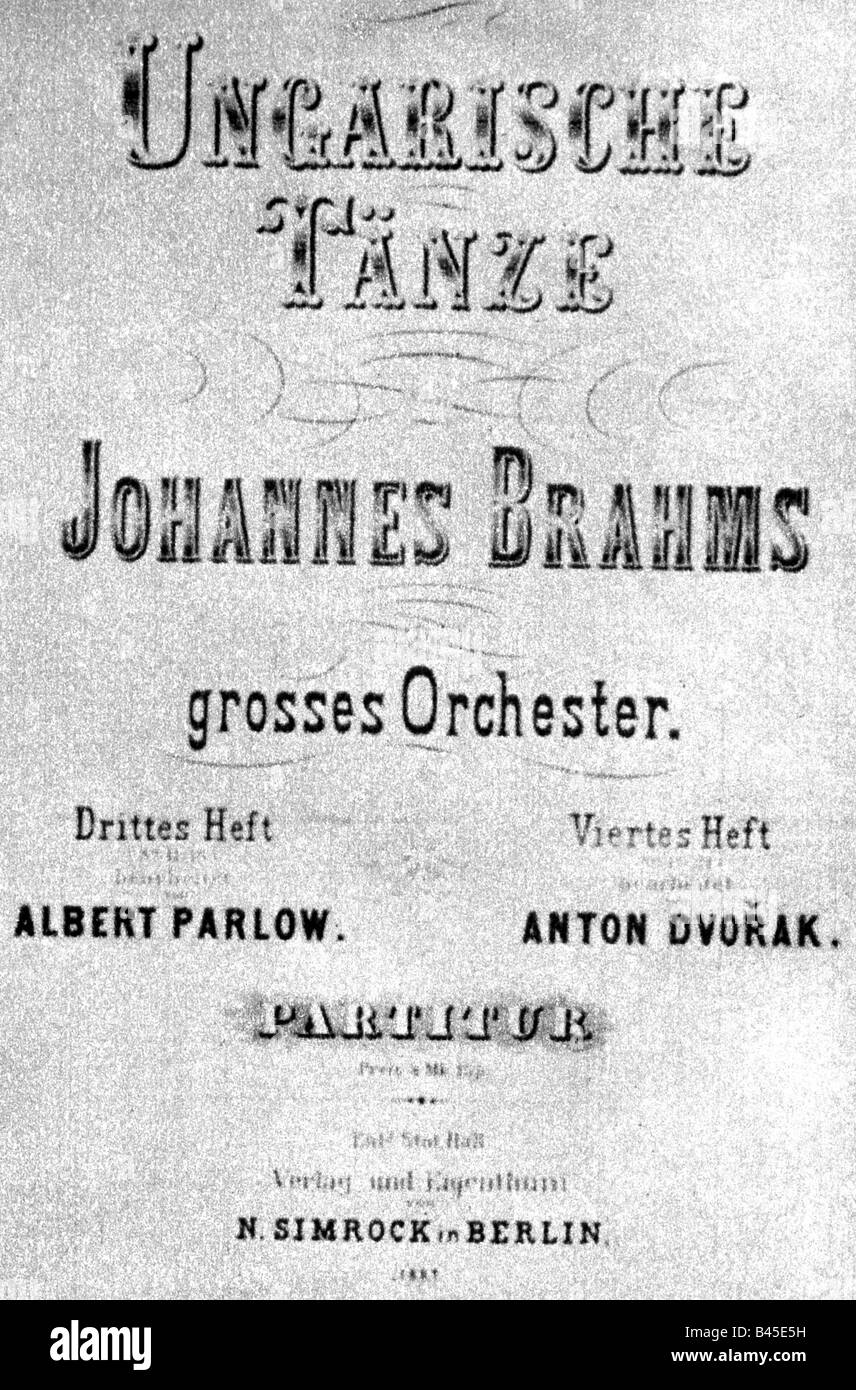 Werke, "ungarische Tänze", Orchesterarrangements von Albert Parlow und Antonin Dvorak, Titelseite, 1881, Stockfoto
