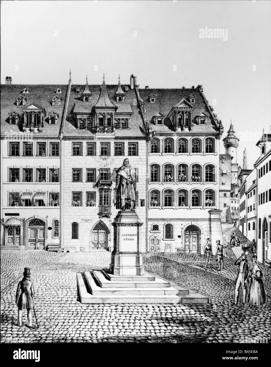 Dürer, Albrecht (1471-1528), deutscher Maler und Kupferstecher, deutscher Maler und Kupferstecher, die Albrecht Durer Statue, Nürnberg, Holzstich, volle Länge, Artist's Urheberrecht nicht gelöscht werden Stockfoto