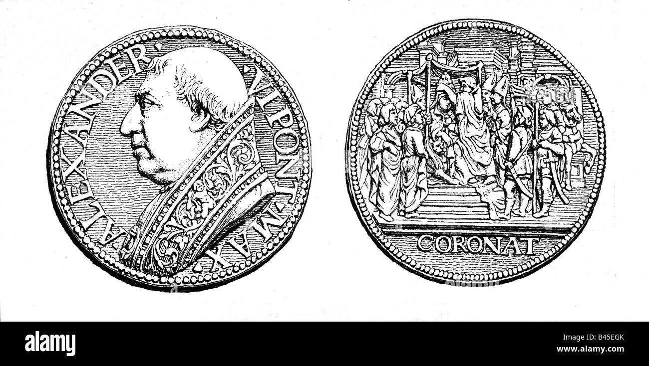 Alexander VI. (Rodrigo de Borja) 1.1.1431 - 18.8.1503, Papst 11.8.1492 - 1503, Porträt, Seitenansicht, Münze, Holzgravur nach Gedenkmünze an seine Krönung, Stockfoto