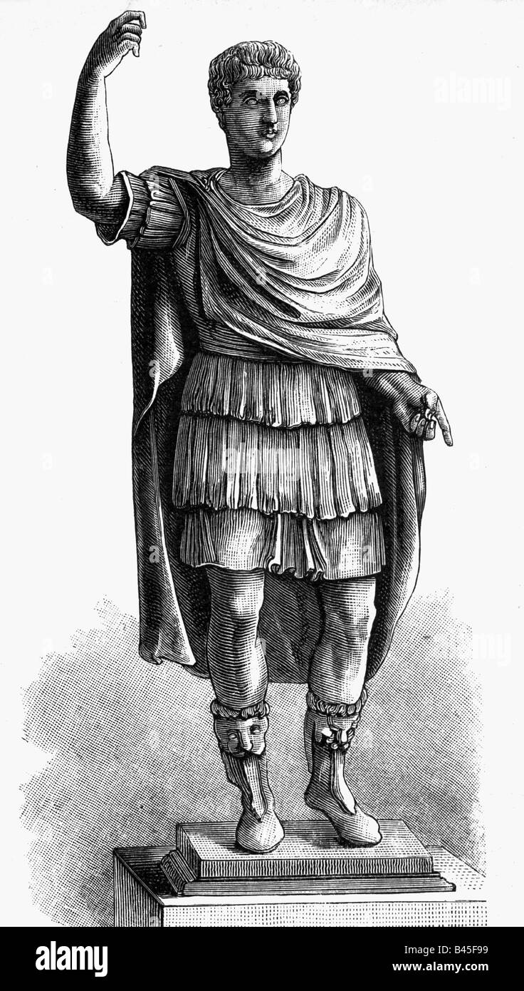Caligula (Gaius Julius Cäsar Germanicus) 12 v. Chr. - 24.1.41 v. Chr., römischer Kaiser 16.3.37 - 24.1.41, volle Länge, Holzgravur, 19. Jahrhundert, nach Statue, 1. Jahrhundert, Nationalmuseum, Neapel, Stockfoto
