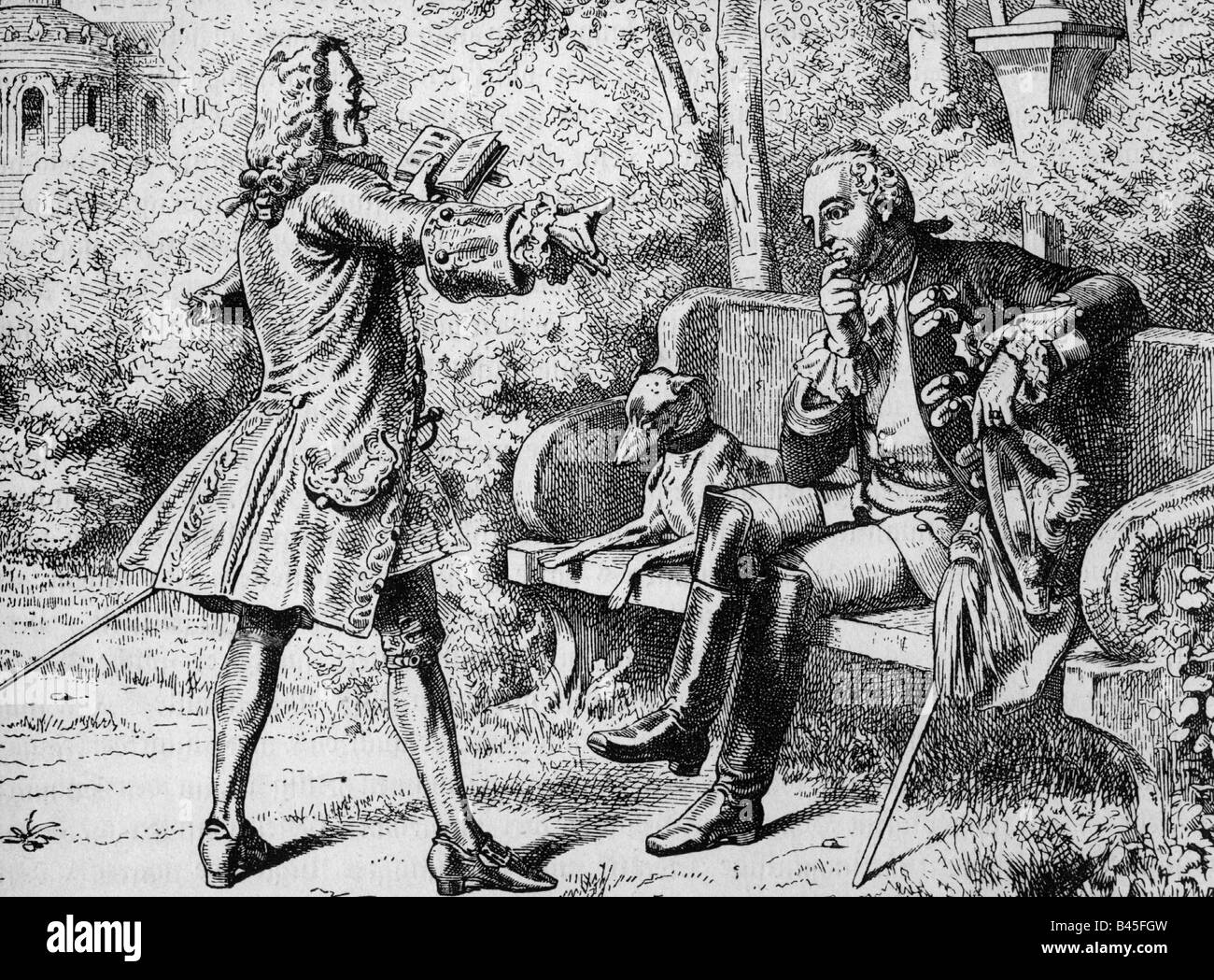 Voltaire (Francois Arouet), 21.11.1694 - 30.5.1778, französischer Philosoph, bei König Friedrich II. Von Preßburg, Potsdam von 1750 - 1753, Gravur nach Malerei von Wilhelm von Camphausen (18,5 - 1885), Stockfoto