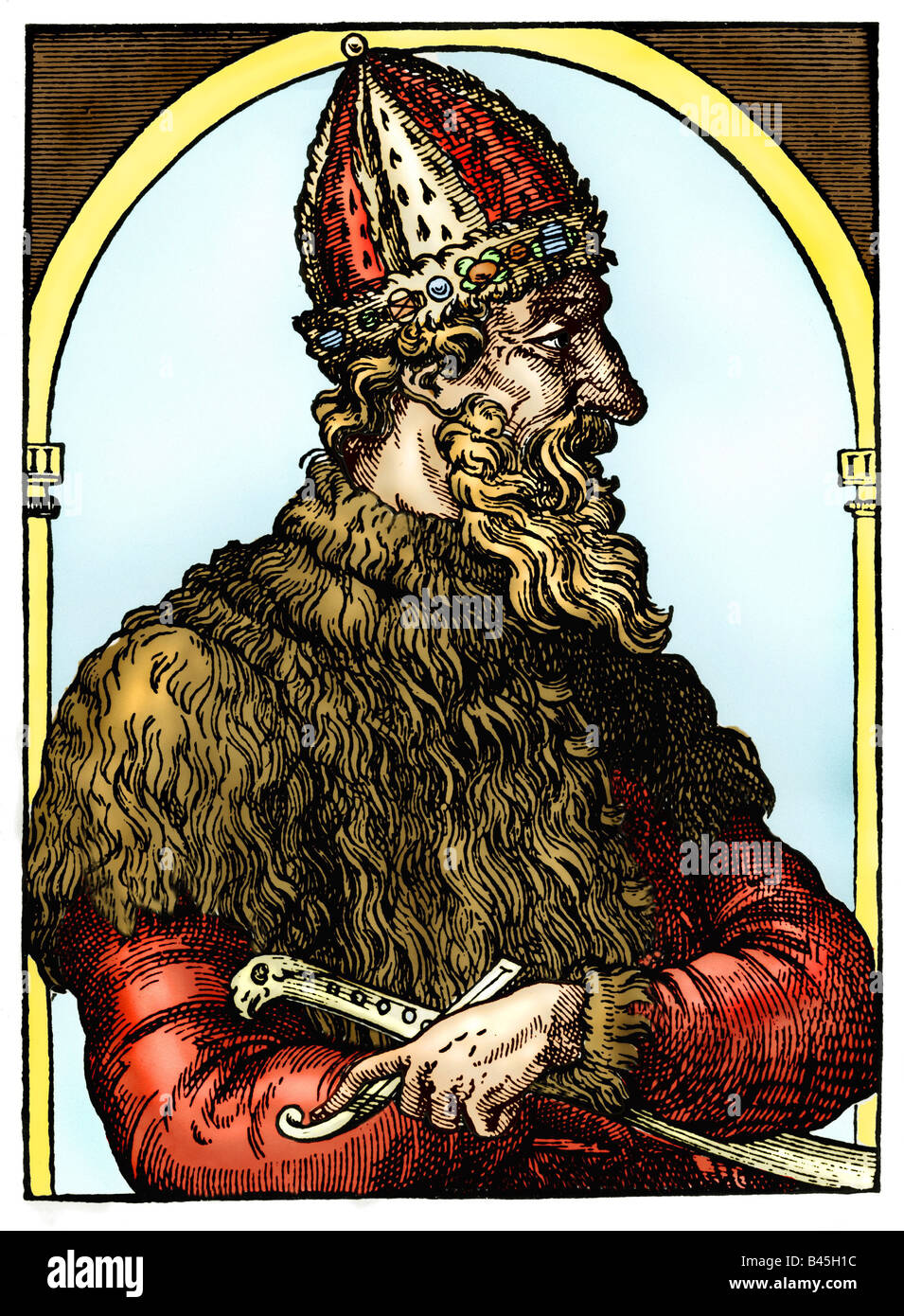 Iwan III. Wassilewitsch "der Große", 22.1.1440 - 27.10.1505, Großfürst von Moskau 27.3.1462 - 27.10.1505, Porträt, Holzschnitt, "Kosmographie univerkelle" von Andre Thevet, 1575, später farbig, Stockfoto