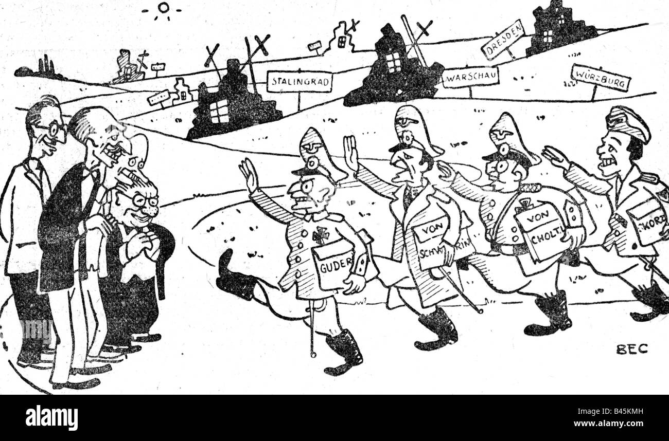 Militär, Karikatur, Rückkehr ehemaliger Offiziere der Wehrmacht in die Streitkräfte, Zeichnung von Bec, 'L'Humanite', Frankreich, 1950er, 50er, Westdeutschland, Aufrüstung, 20. Jahrhundert, Stockfoto
