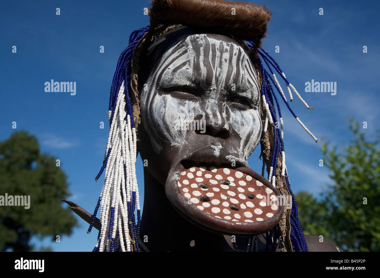 Ein Mursi-Frau mit Lippe Platte, Mago Nationalpark, Südäthiopien, Ostafrika Stockfoto