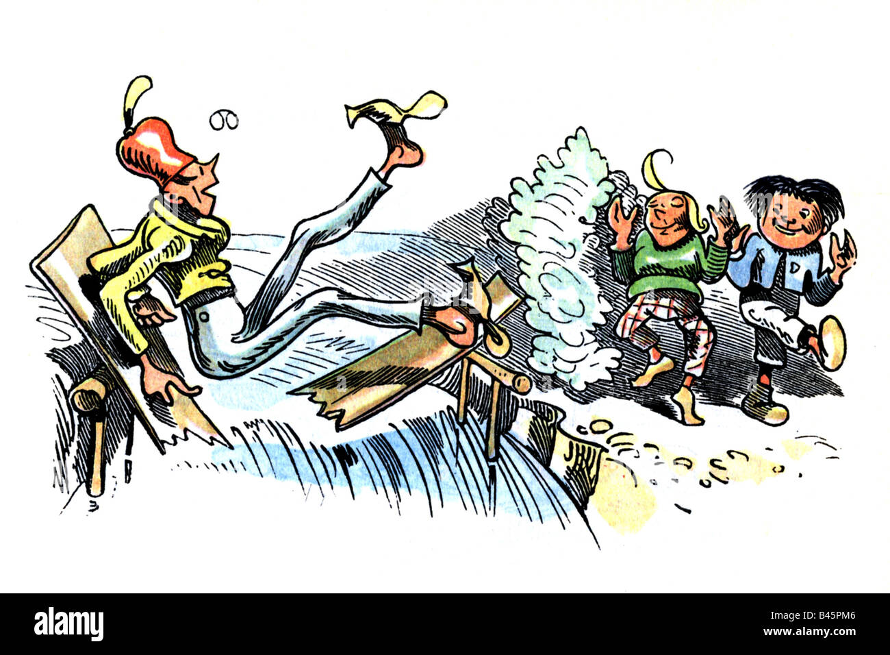 Literatur, Max und Moritz, eine Geschichte von Sieben kindische Streiche, Autor Wilhelm Busch, 1865, Meister Boeck, Brücke, Dritte Trick, Anthologie, Band 1, ca 1959, 50s, 50s, Buch, Bücher, Kinder, Kinder- und Jugendliteratur, Kinderbuch, Deutschland, 19. Jahrhundert, Farbe, Master tailor, Junge, Jungen, gebrochen, Brechen, cartoon, comic, historische, historische, 20. Jahrhundert, Menschen, Artist's Urheberrecht nicht gelöscht werden Stockfoto