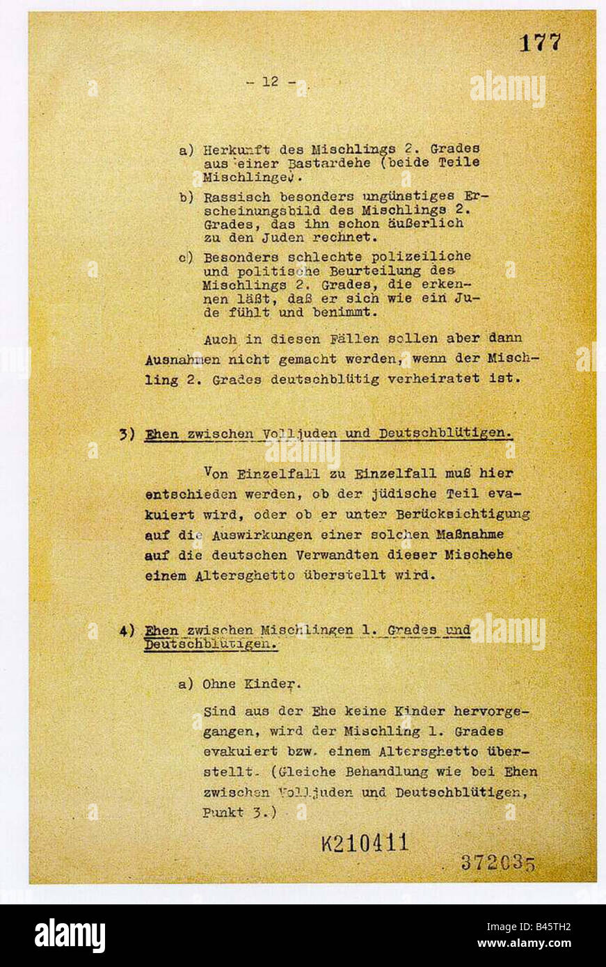 Nationalsozialismus/Nationalsozialismus, Verbrechen, Judenverfolgung, Wannseekonferenz, 20.1.1942, Protokoll, Seite 12, nazi, Holocaust, Dokument, Endlösung, historisch, historisch, 20. Jahrhundert, vierziger Jahre, Stockfoto