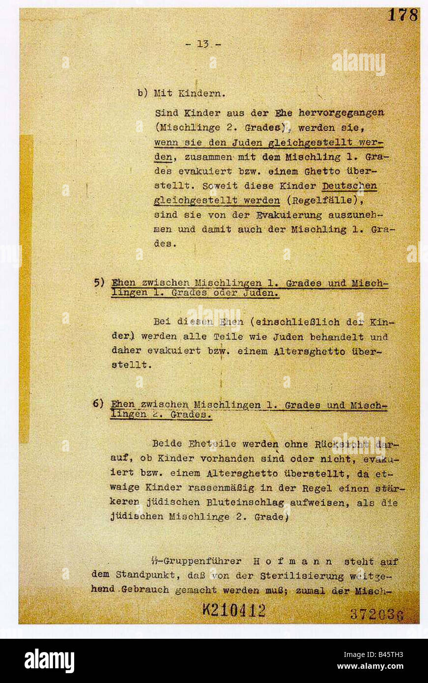 Nationalsozialismus/Nationalsozialismus, Verbrechen, Judenverfolgung, Wannseekonferenz, 20.1.1942, Protokoll, Seite 13, nazi, Holocaust, Dokument, Endlösung, historisch, historisch, 20. Jahrhundert, vierziger Jahre, Stockfoto