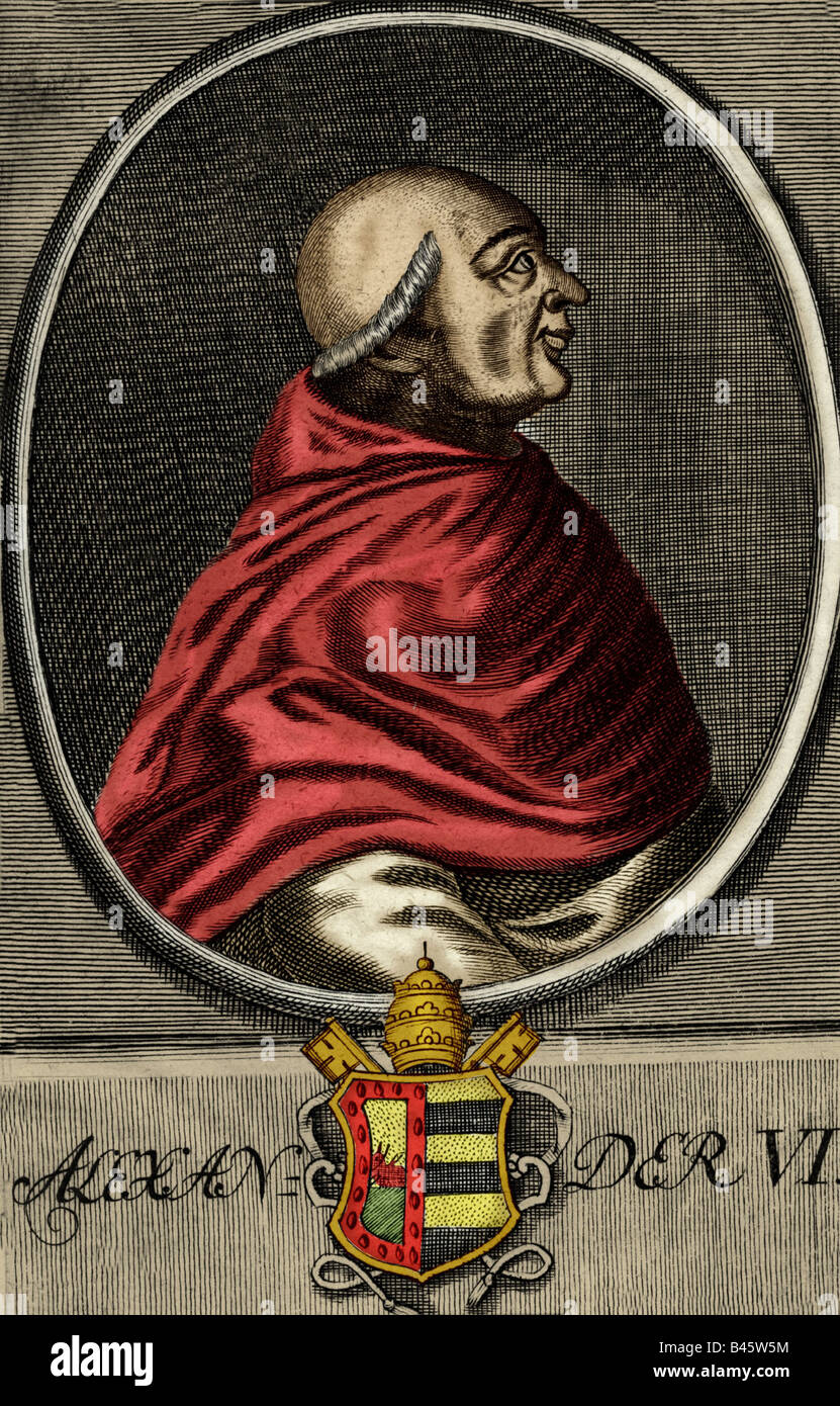 Alexander VI (Rodrigo de Borja) 1.1.1431 - 18.8.1503, Papst 11.8.1492 - 1503, Porträt, Seitenansicht, Gravur ca. aus dem 18. Jahrhundert, später farbig, Artist's Urheberrecht nicht gelöscht werden Stockfoto