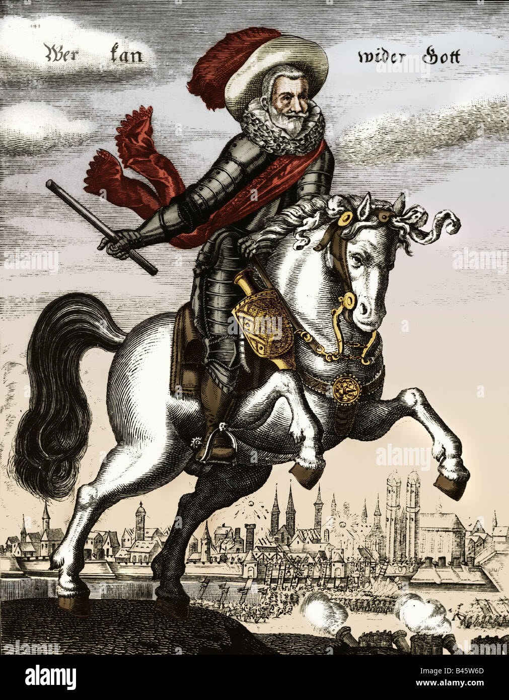 Tilly, Johann Tserclaes von, 1559 - 20.4.1632, Region Wallonien allgemein, Pferdesport, halbe Länge, Belagerung von Magdeburg im Hintergrund, Kupferstich aus dem 17. Jahrhundert, später farbig, Artist's Urheberrecht nicht gelöscht werden Stockfoto