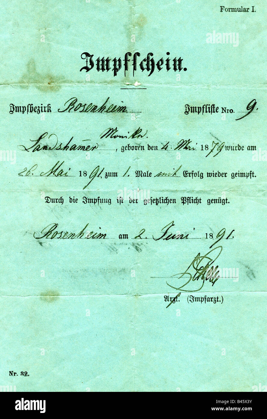 Medizin, Impfung, Impfzeugnis, Re - Impfung für Kinder, Rosenheim, Deutschland, 26.5.1880, Stockfoto