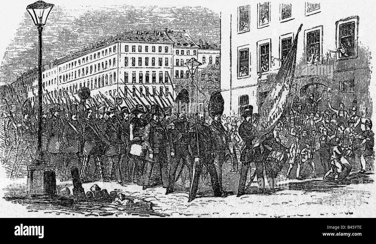 Ereignisse, Revolution 1848 - 1849, Österreich, Märzrevolution, Wiener Nationalgarde, 14.3.1848, Holzgravur, 19. Jahrhundert, Revolutionäre, Milita, Österreichisches Reich, historisch, historisch, Menschen, Stockfoto