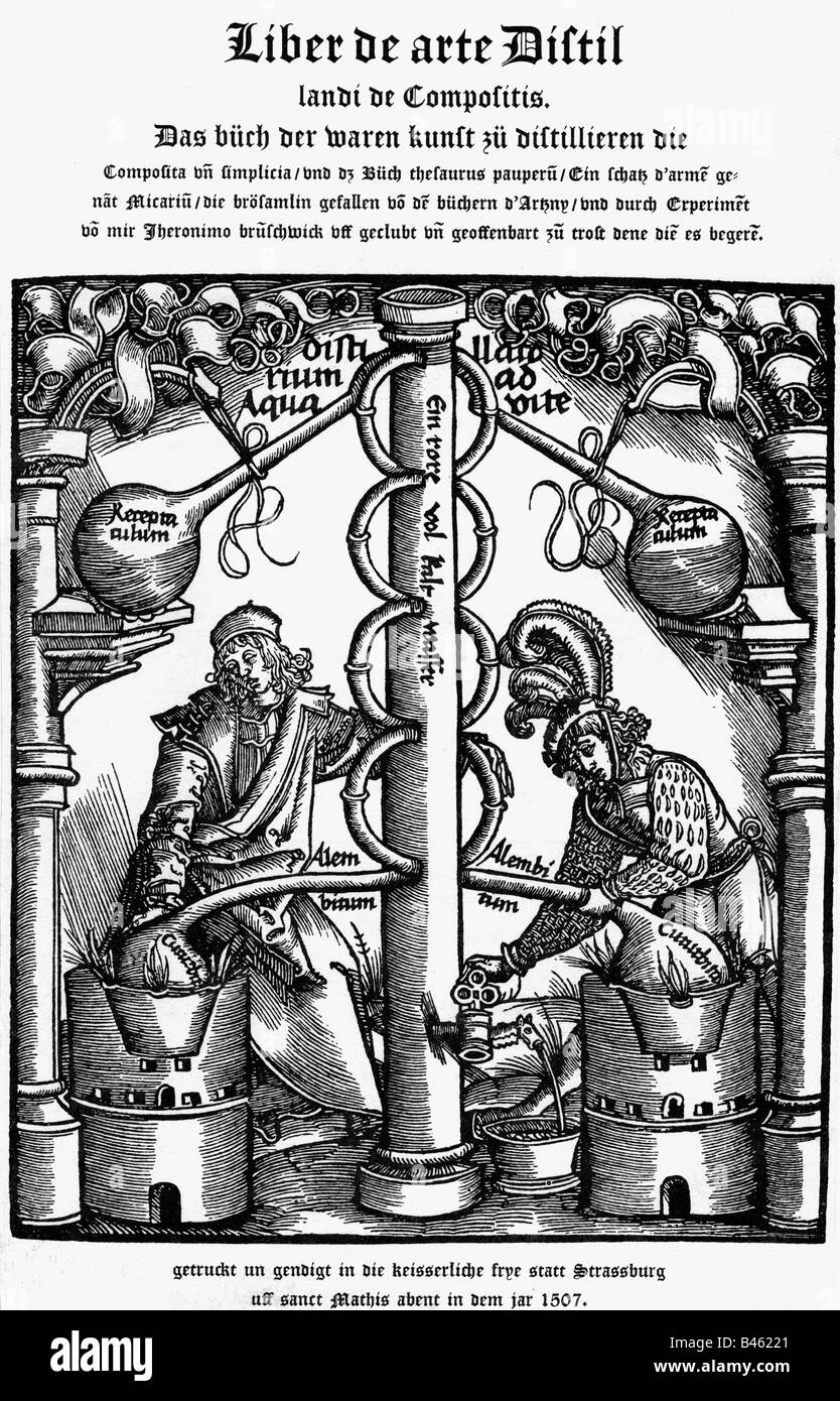 Alchemie, Destillierung, Destillierungsgerät, Holzschnitt, Titel des "Liber de arti destilandi de compositis" von Hieronymus Brunschwig, Strassbourg, 1507, Stockfoto