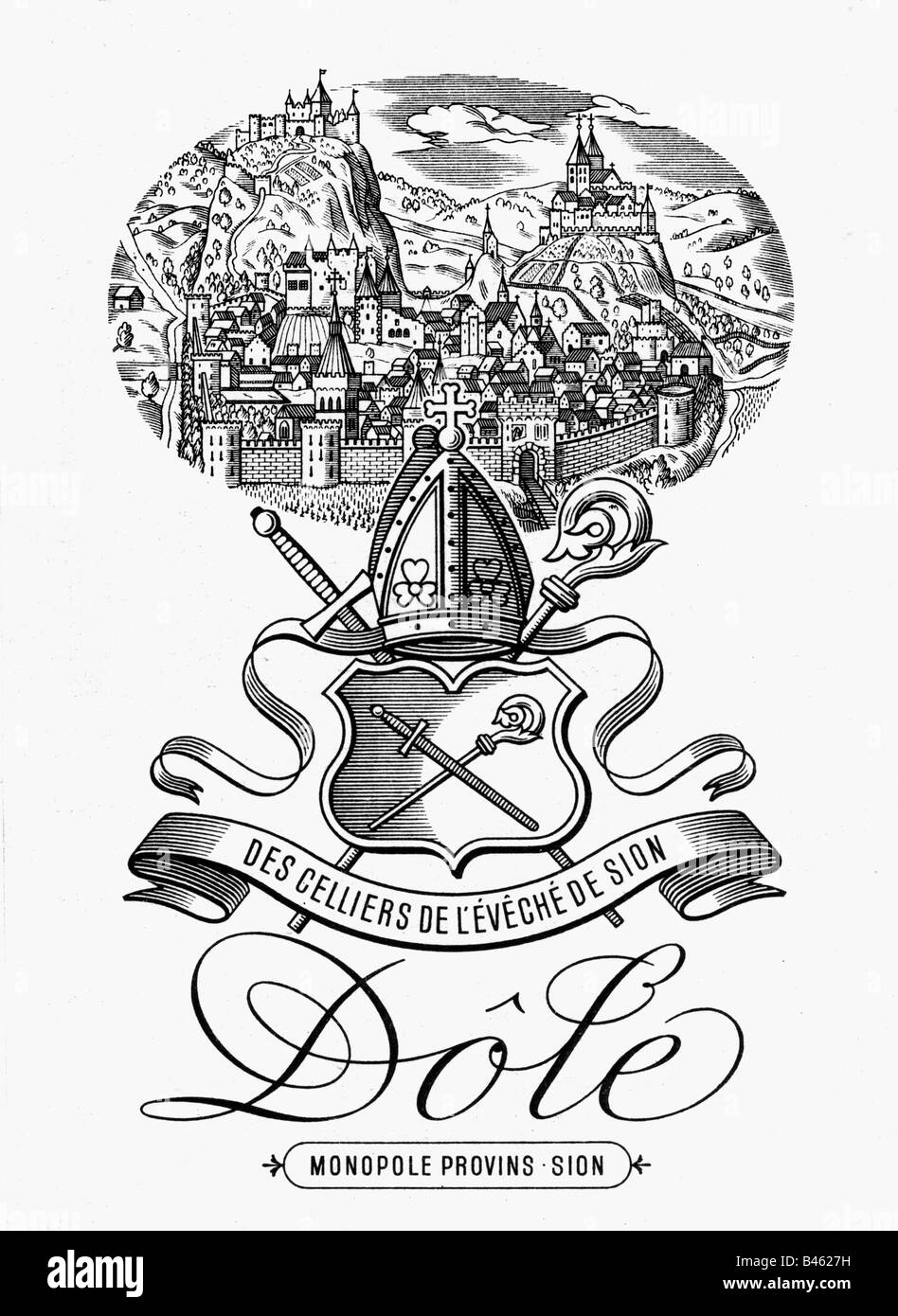 Alkohol, Wein, Etiketten, "dole", Weingut des Diocece IF Sion, Monopole Provins Company, Sion, 19./20. Jahrhundert, Stockfoto