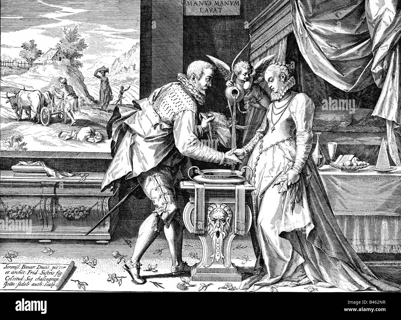 Allegorien, Matrimonie, "Eine Hand wäscht die andere", Kupferstich von Johannes Sadeler nach Friedrich Sustris, Niederlande, 16. Jahrhundert, Stockfoto