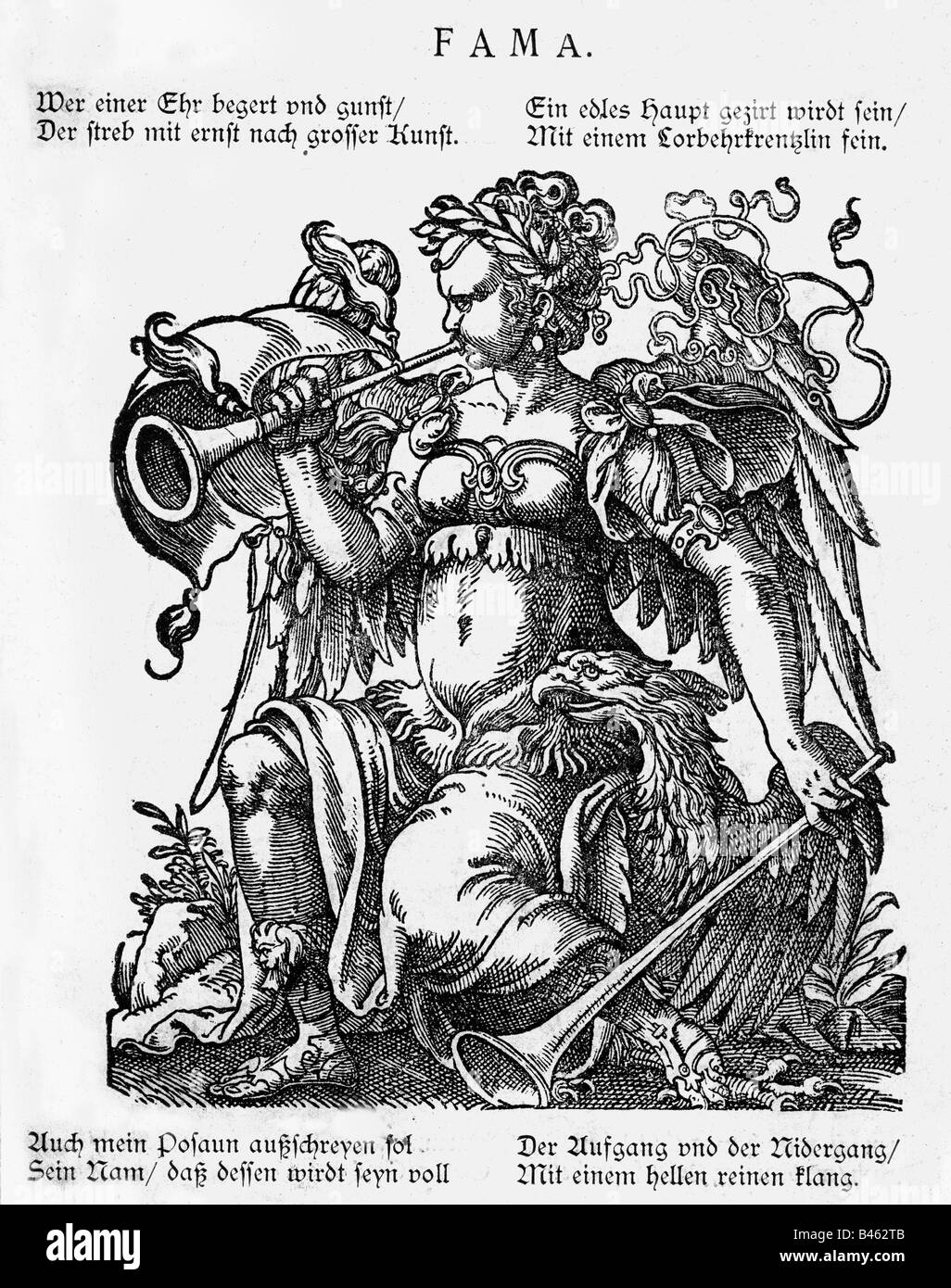 Allegorien, 'Gerücht' (Fama), Holzschnitt von Jost Amman, Frankfurt am Main, 1599, Stockfoto