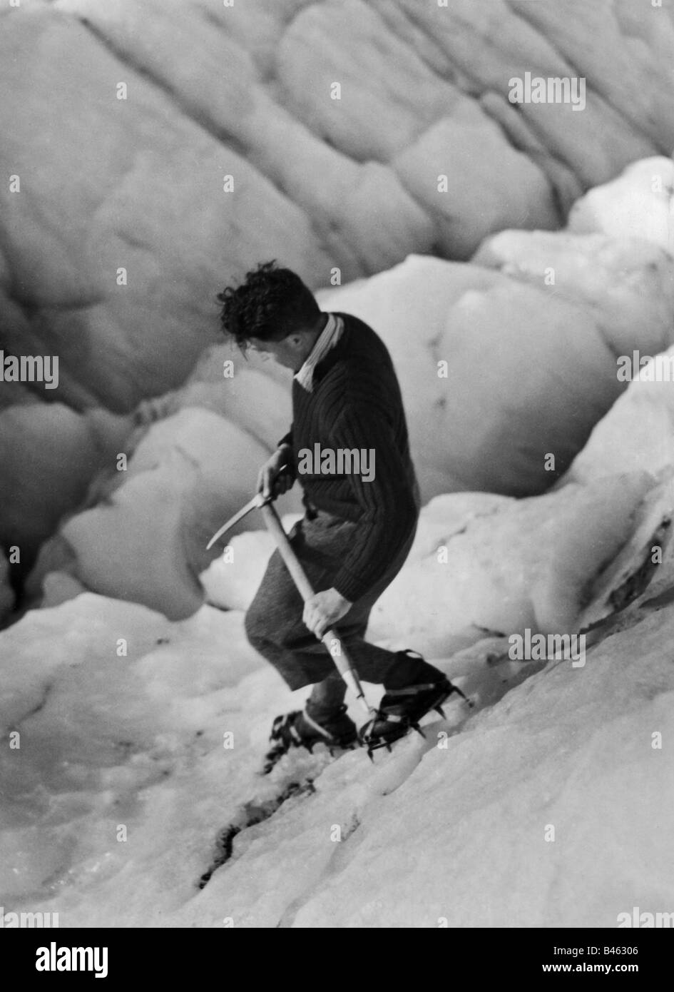 Bergsteigen, Bergwanderungen, Gletscherführer, Australien, vierziger Jahre, Stockfoto