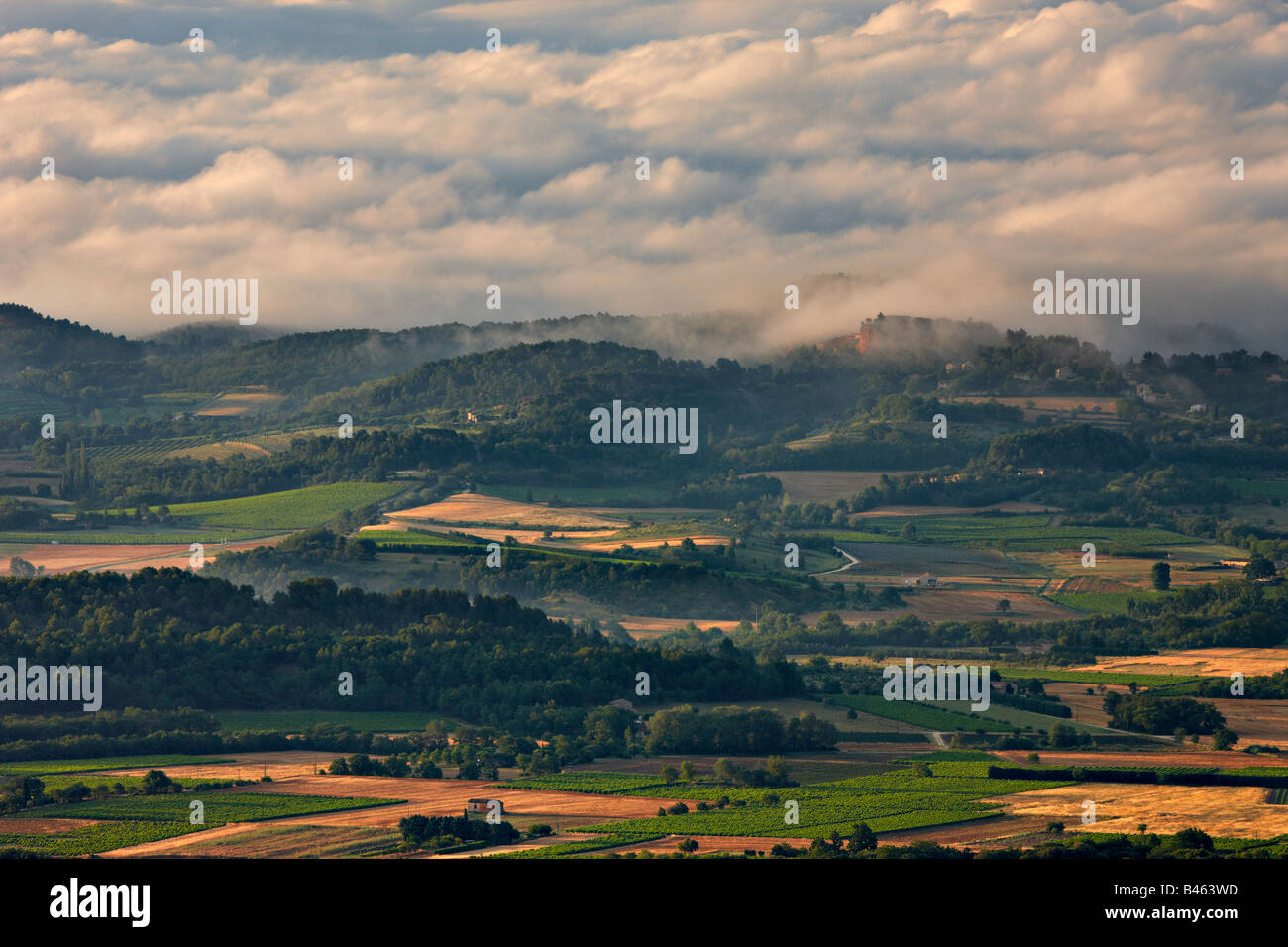 hügelige Ackerland in der Nähe von Rousillon im Morgengrauen, Vaucluse, Provence, Frankreich Stockfoto