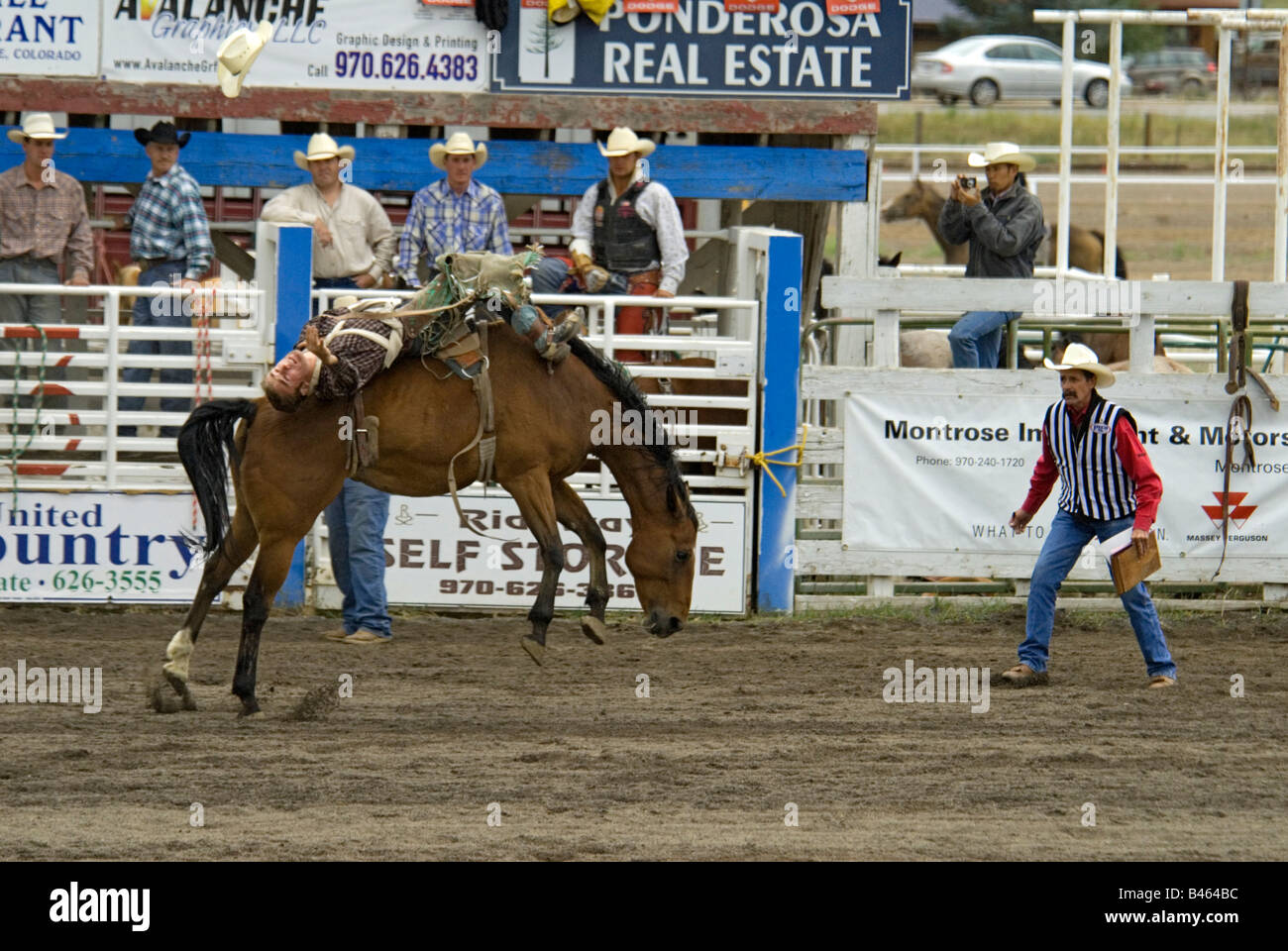 Ein Sattel Bronc Reiter, 2008 Ouray County Rodeo, Ridgway, Colorado USA Stockfoto