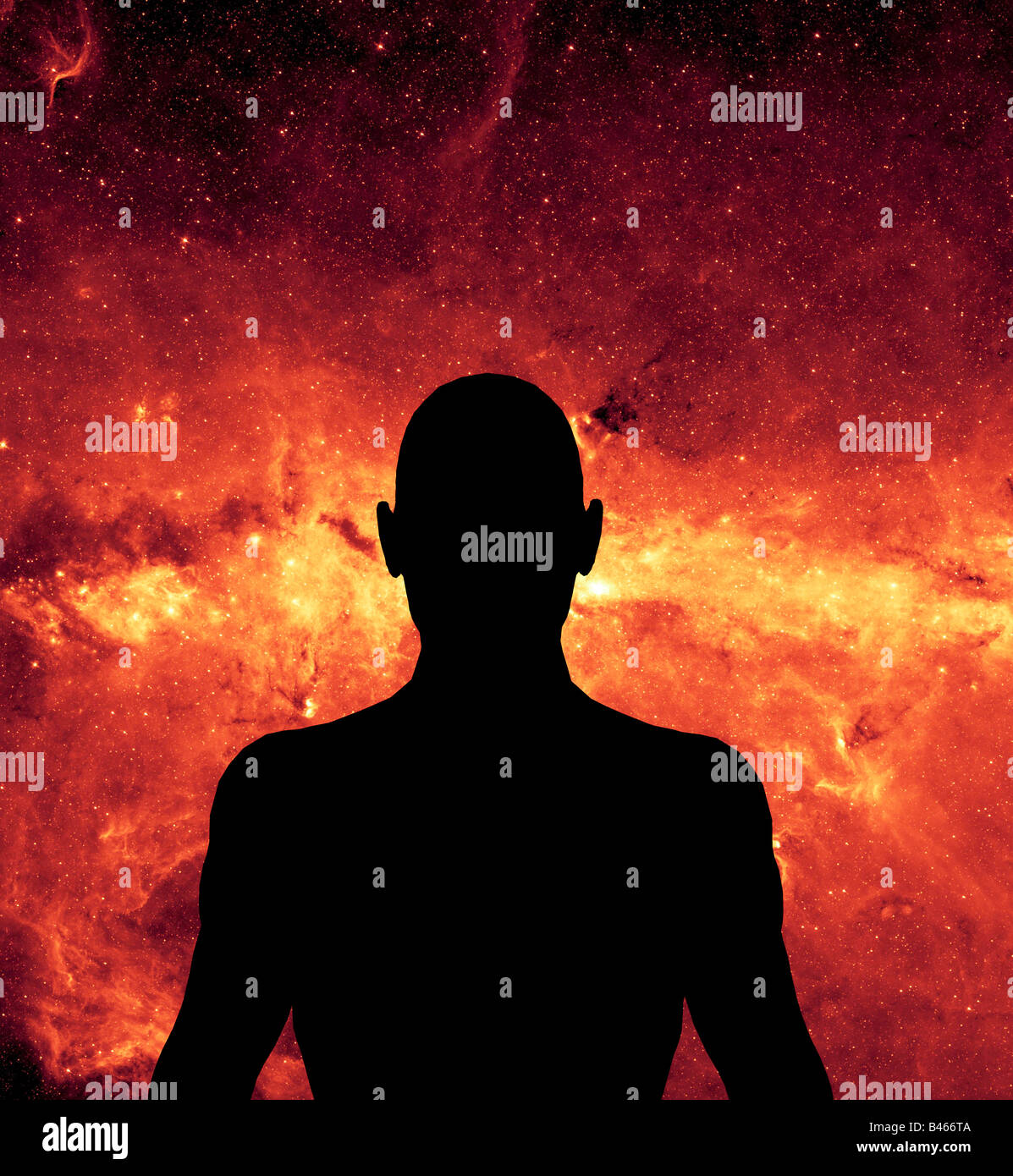 computergenerierte Roboter männlichen Körper in 3D Compositing auf Sternenhimmel galaxy Stockfoto