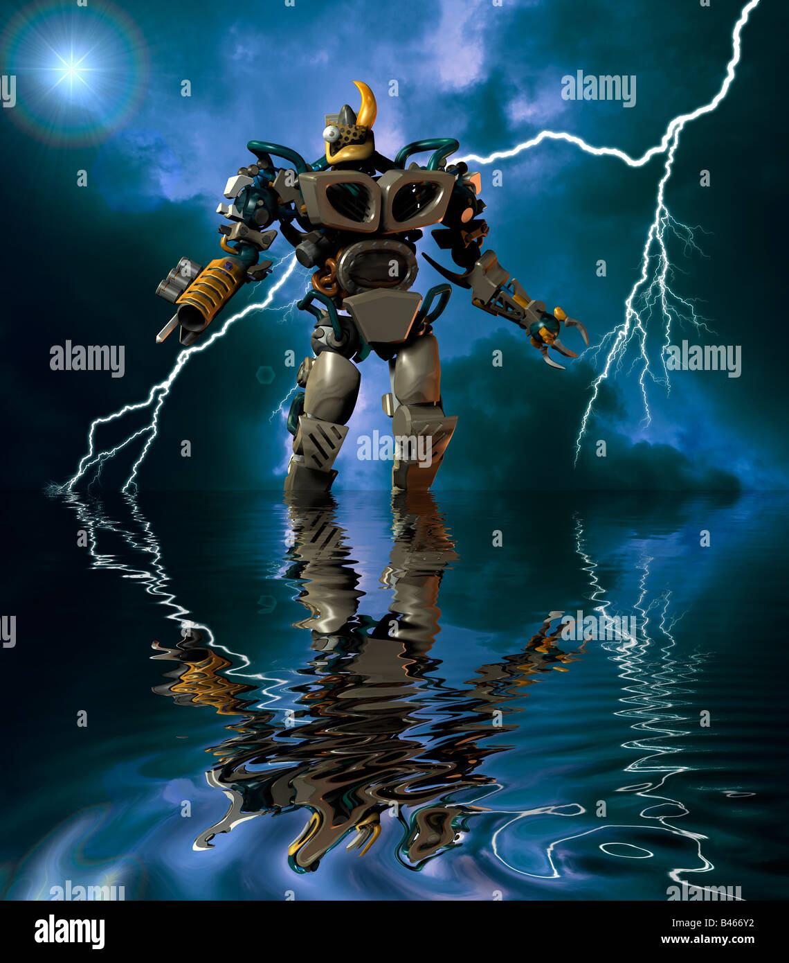 leistungsfähige 3D Computer generierte Roboter Cyborg alien waten im See  bei Gewitter Stockfotografie - Alamy