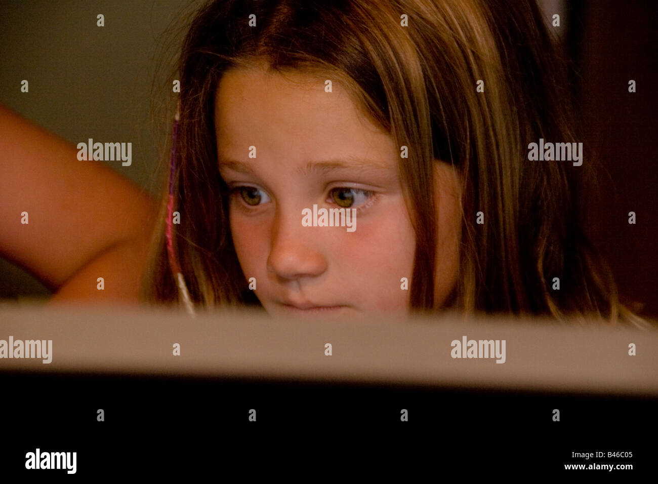 Mädchen mit Zopf, konzentrierte sich auf dem Computerbildschirm und Aufgabenstellung Stockfoto