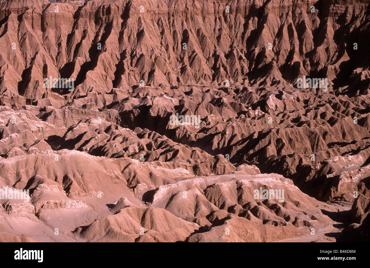 Felsformationen und eisige Erosionsmuster in Valle de la Muerte / Cordillera de Sal, nahe San Pedro de Atacama, Chile Stockfoto