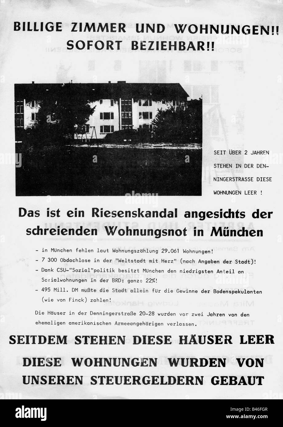 Geografie/Reisen, Deutschland, Politik, Parteien, Deutsche Kommunistische Partei (Deutsche Kommunistische Partei, DKP), Flyer über Wohnungsnot in München, ca. 1970, Stockfoto