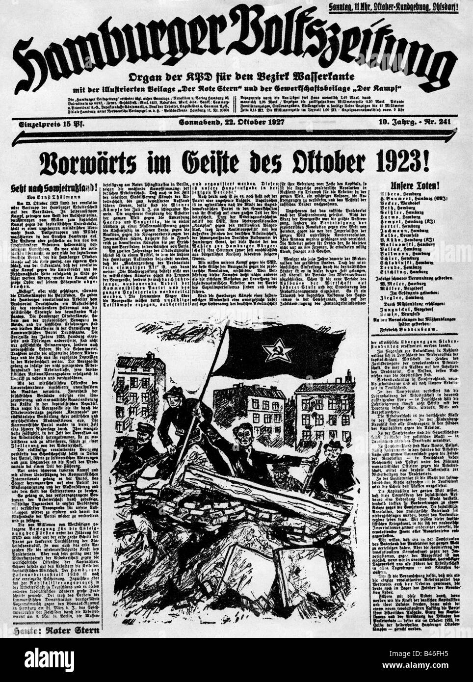 Presse/Medien, Zeitschriften/Zeitschriften, "Hamburger Volkszeitung", 10. Band, Nummer 241, 22.10.1927, Titel, Überschrift "Im Geist des Oktober 1923 Voraus", Stockfoto