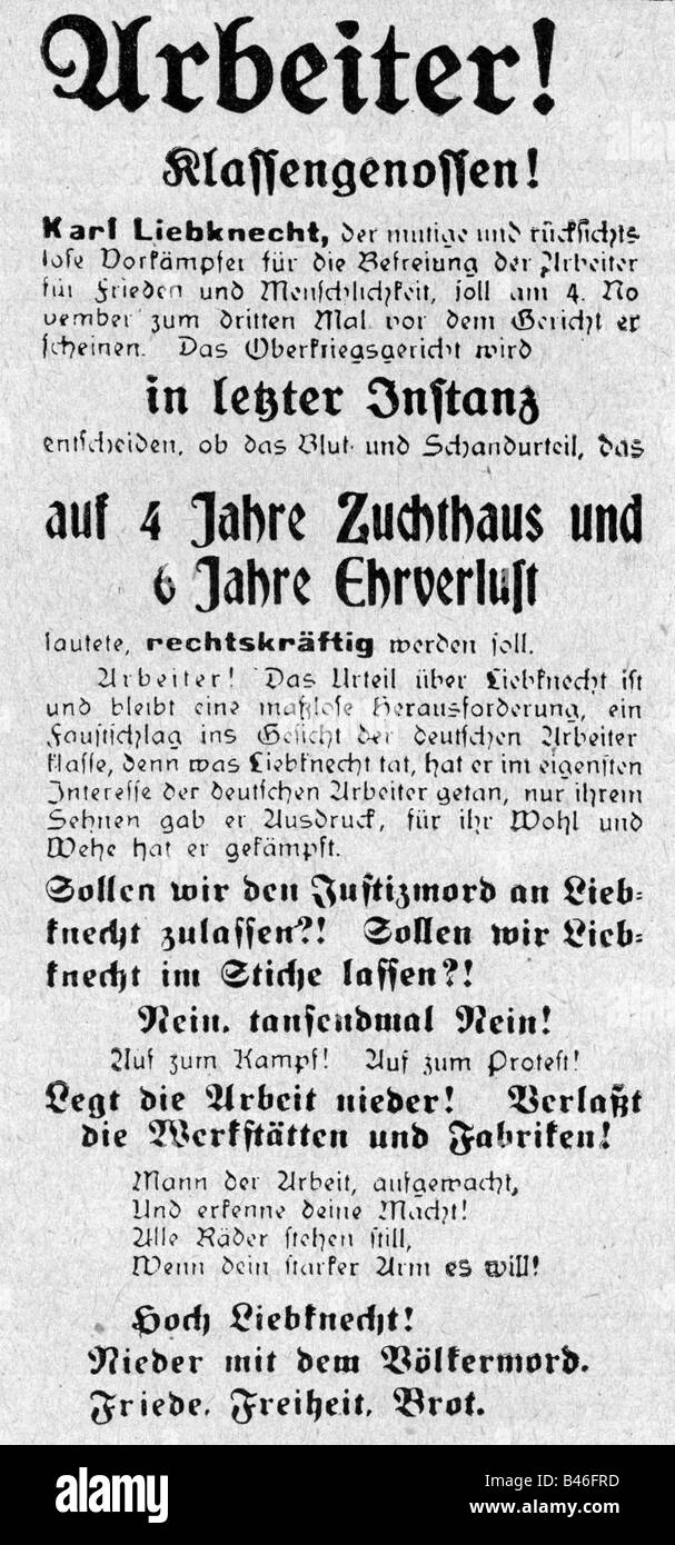 Liebknecht, Karl, 13.8.1871 - 15.1.1919, deutscher Politiker, Flysheet gegen seine Strafe wegen Hochverrats, Juni/Juli 1916, Stockfoto