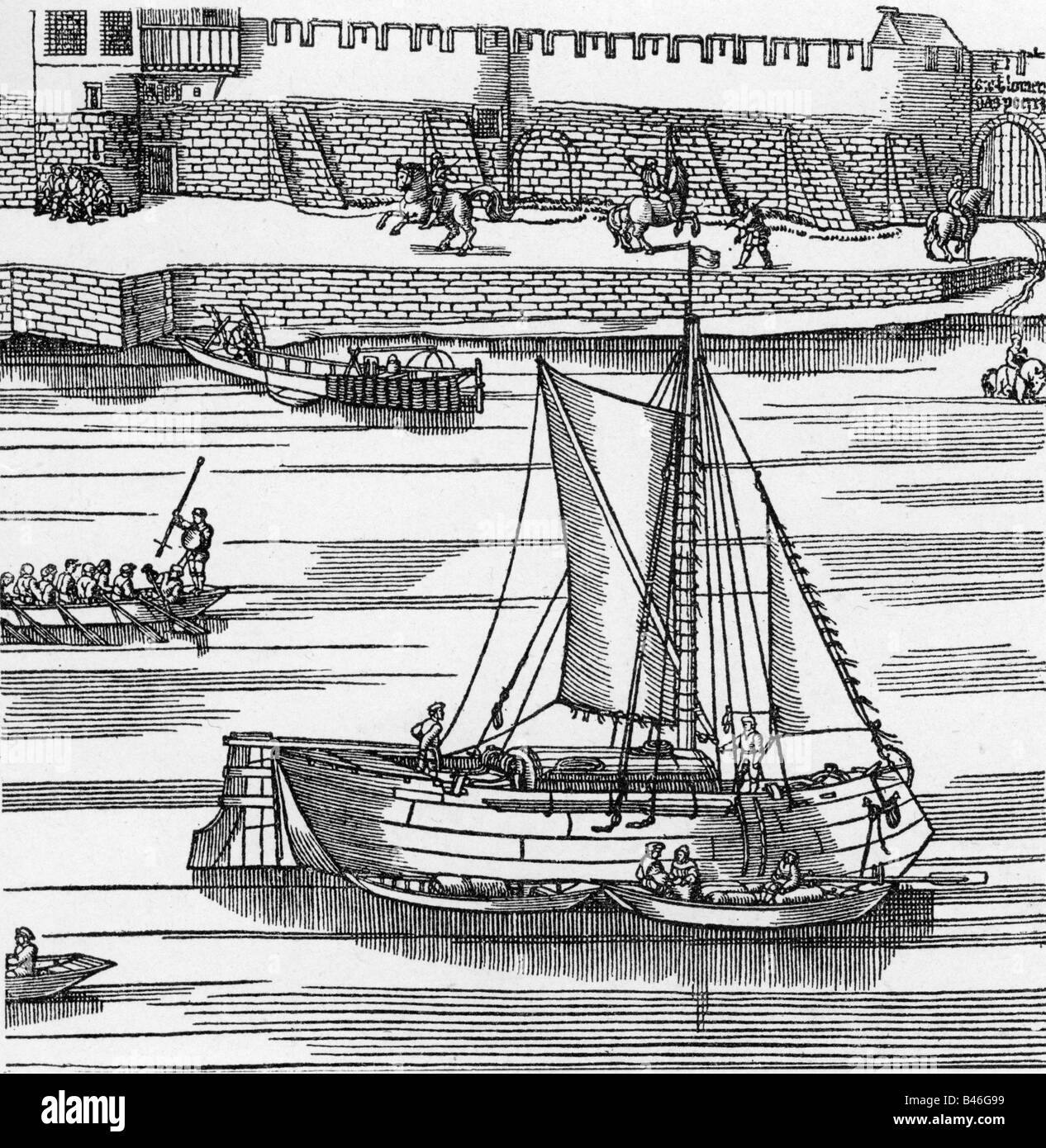 Transport / Transport, Navigation, Frachtschiffe, Boot auf dem Rhein bei Köln, Holzschnitt von anton von Wormser, Deutschland, 1531, Stockfoto