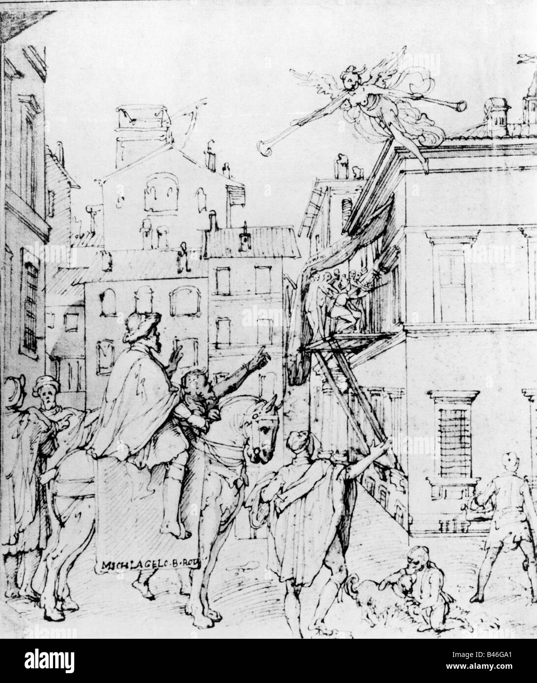 Michelangelo Buonarotti, 6.3.1475 - 18.2.1564, italienischer Bildhauer, der Taddeo Zuccaro bei seiner Arbeit beobachtet, Skizze von Federico Zuccaro, ca. 1560, Stockfoto