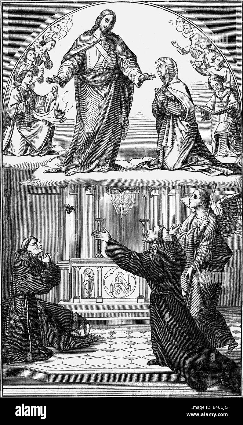 Franziskus von Assisi, ca. 1181 - 3.10.1226, italienischer Geistlicher, Heiliger, Vision Jesu Christi, Holzgravur, Regensburg, 1888, Stockfoto