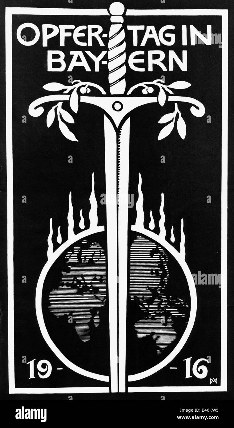 Veranstaltungen, Erster Weltkrieg/erster Weltkrieg, Propaganda, Plakat "Opfertag in Bayern" (Opfertag in Bayern 1916), München, Deutschland, 1916, Stockfoto