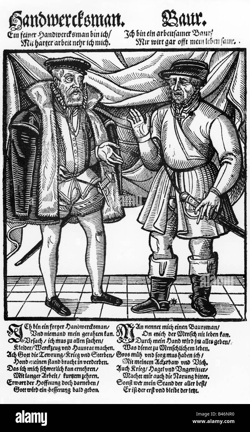 Mode, 16. Jahrhundert, Deutschland, Gutskostüm, Handwerker und Bauer, Holzschnitt, 1600, Stockfoto