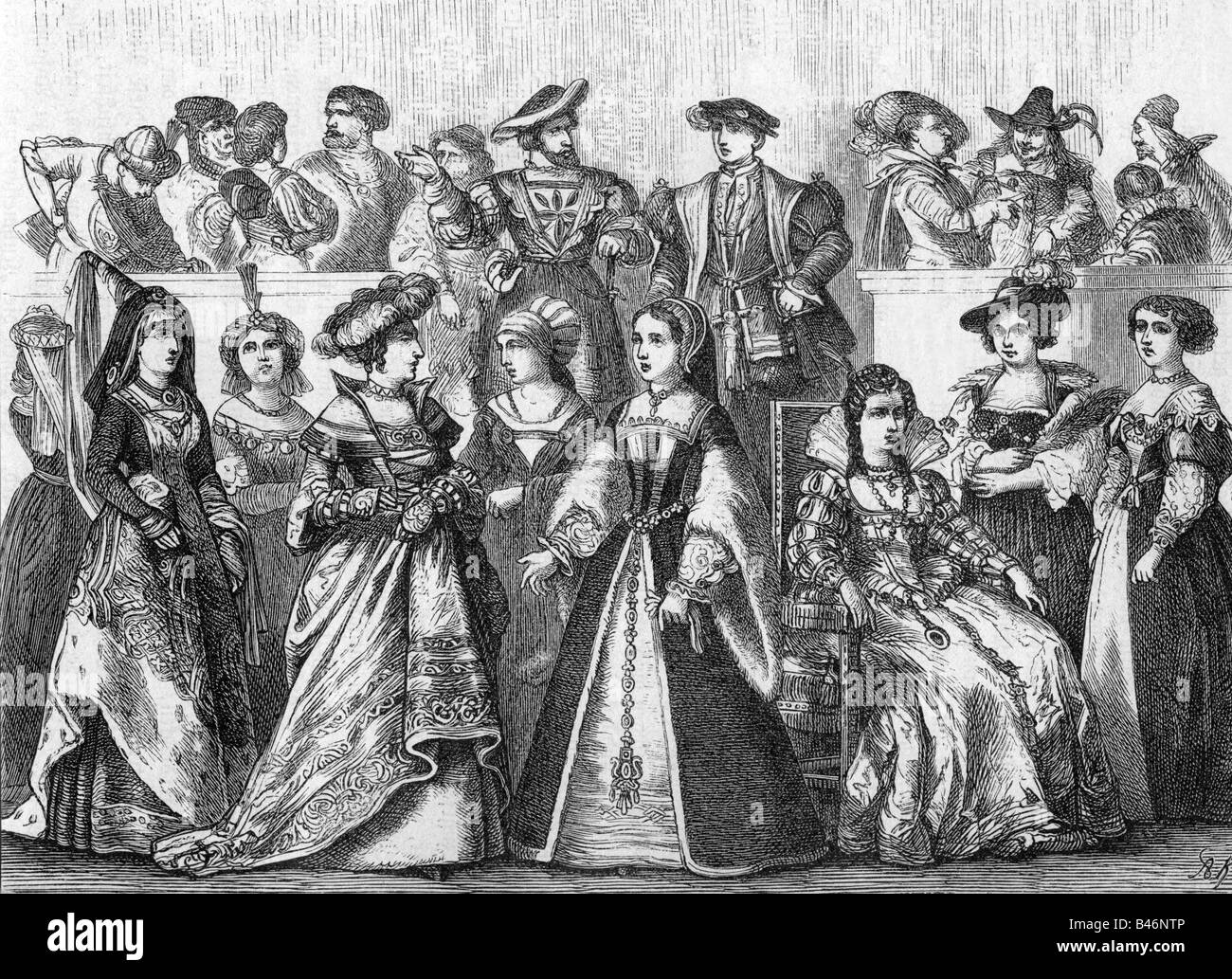 Mode, 15., 16. Und 17. Jahrhundert, Damenmode, Holzgravur, 19. Jahrhundert, Stockfoto