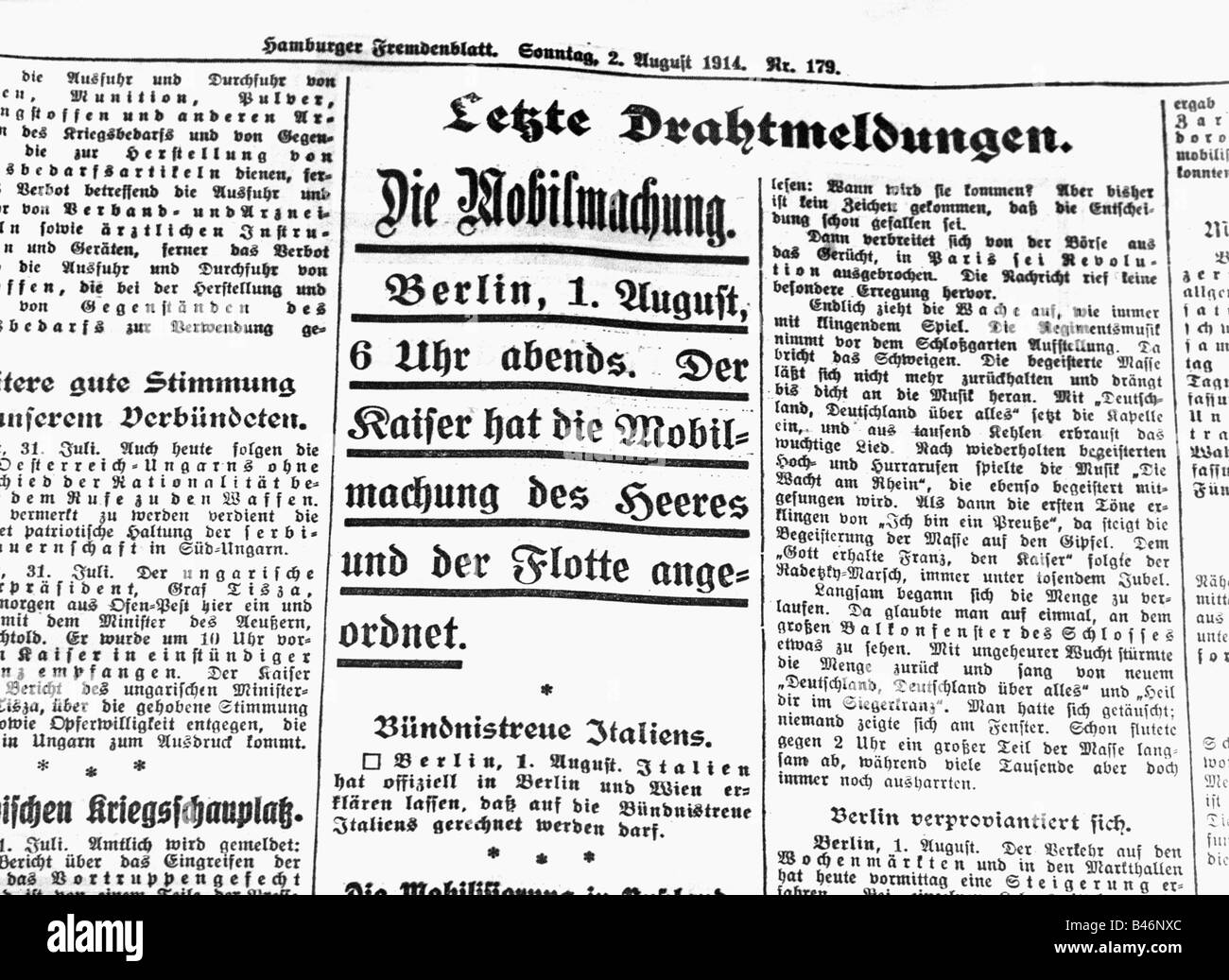 Ereignisse, Erster Weltkrieg/erster Weltkrieg, Kriegsausbruch, Pressebericht "die Mobilisierung", Hamburger Fremmenblatt, Nr. 179, 2.8.1914, Stockfoto