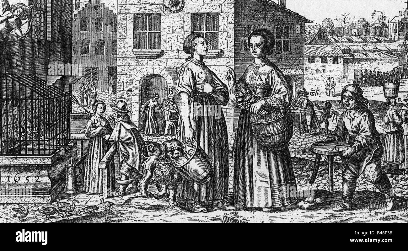 Mode, 17. Jahrhundert, Deutschland, Damenmode, jeden Tag lifre in einer deutschen Stadt, Kupferstich, 1652, Stockfoto