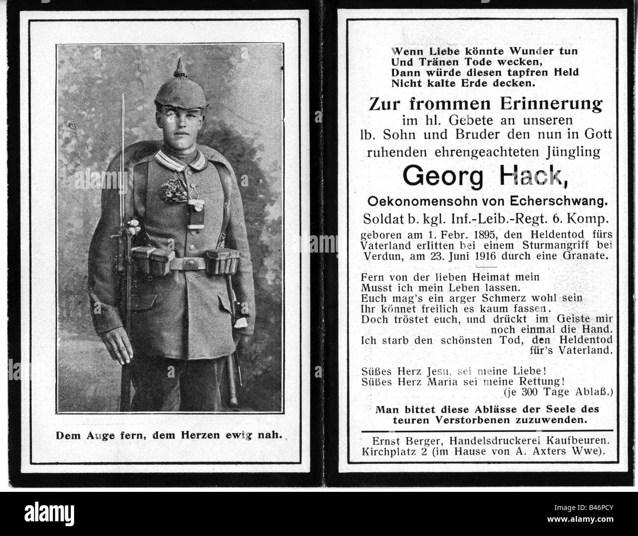 Veranstaltungen, Erster Weltkrieg / erster Weltkrieg, Deutschland, Erinnerungskarte von Georg Hack (196-19251), Deutschland, Stockfoto