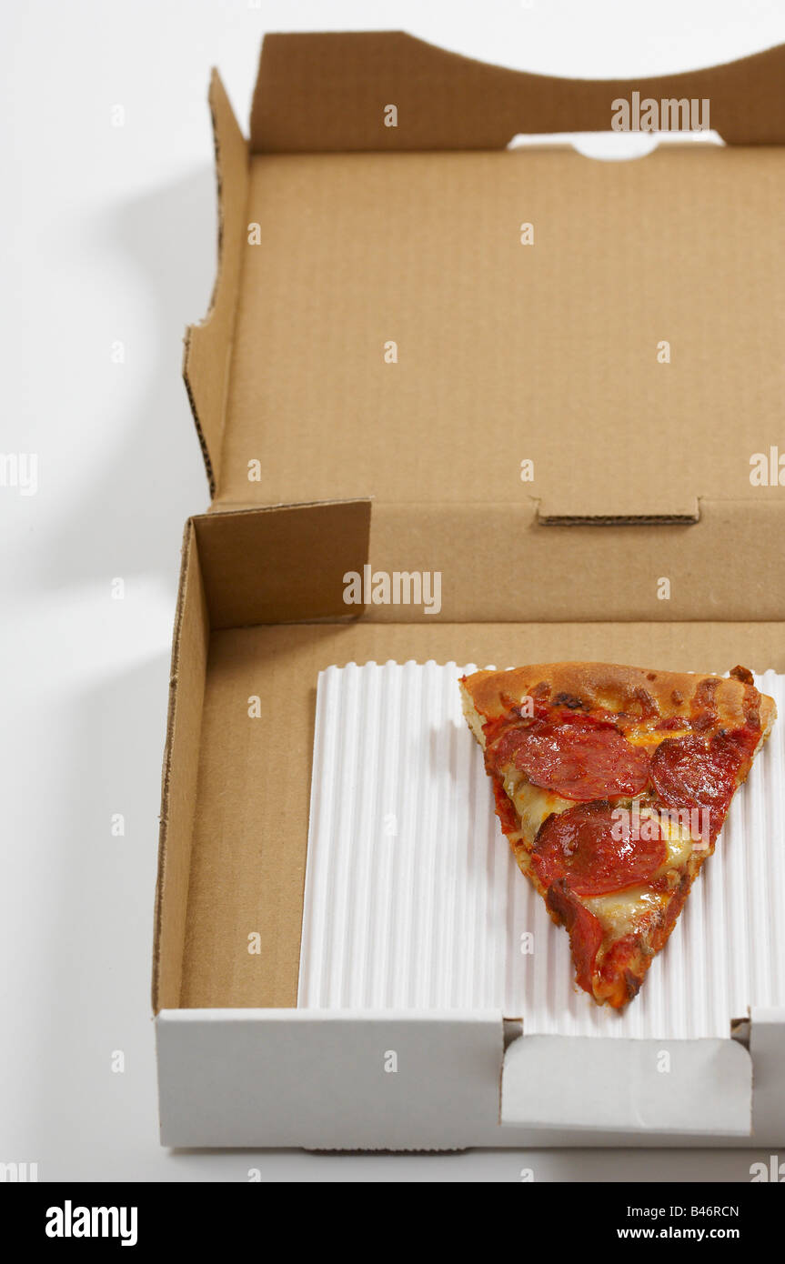 Stück Pizza in Box Stockfoto