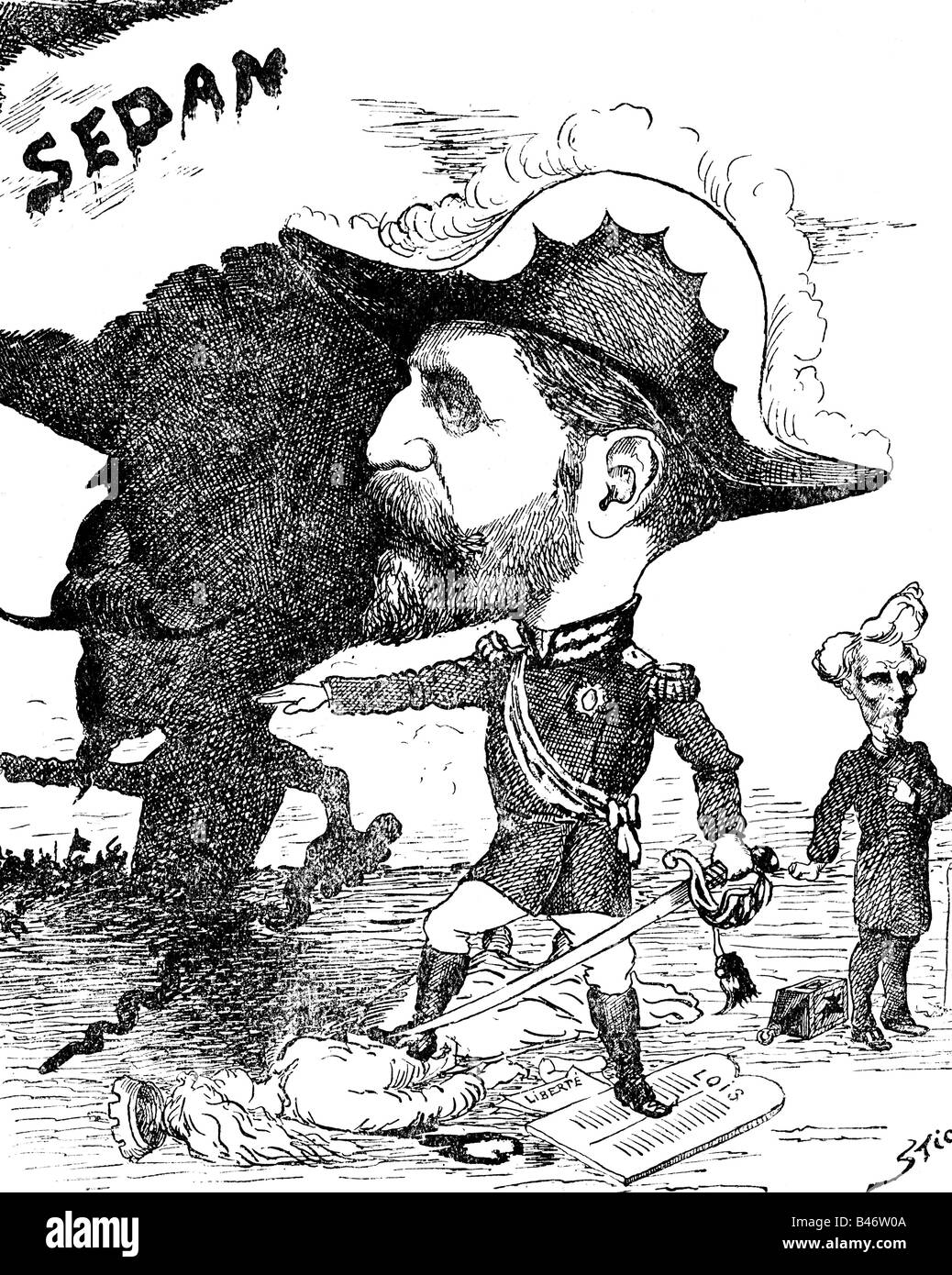 Boulanger, George, 29.4.1837 - 30.9.1891, französischer General und Politiker, Kriegsminister 7.7.1946 - 17.5.1887, Karikatur, 'The Comming coup d' etat', Holzgravur nach Zeichnung von Stick, 'Nouvelle Lune', 28.4.1888, Stockfoto