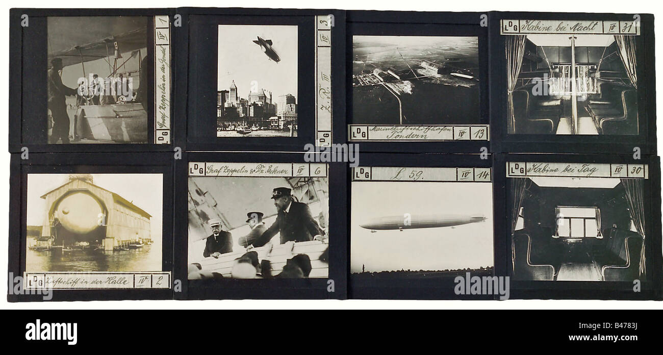 "Das Werk Zeppelins", eine fotografische Präsentation der Entwicklung des Flugschiffes "die Luft". 68 von 69 Schwarz-Weiß-Glasschiebern im Format 8 x 10 cm, ca. 1925. Seltene Fotografien des Kabinenraums, des Innenbaus, der Technik, der L 59, der Marinefliegerstation bei Tonden, des Drehhangels bei Nordholz, Graf Zepelin und Dr. Eckener an Bord, die Luftschiffe im ersten Weltkrieg angreifen, Sowie Fotos des Flugs, der das Reparaturschiff LZ 126 (ZR III) nach Lakehurst führt, einschließlich Aufnahmen der Azoren, Neufundlands, Long Beach, der Statu, Stockfoto