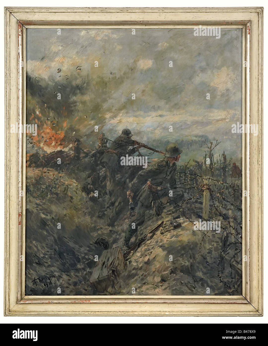 Theodor Rocholl - "Schlacht um Hügel 265'., Darstellung der Deutschen Infanteristen in einem Graben im Kampf gegen angreifende französischen Soldaten. Das Bild zeigt die Schlacht an den Ufern der Maas auf Hill 265 1916. Beeindruckenden Interpretation der Aktion. Auf dem unteren linken' Th unterzeichnet. Rocholl 1916'. Öl auf Leinen Karton, Größe 65 x 80 cm, gerahmt. Rocholl (1854 - 1933) gilt als einer der besten Maler des Großen Krieges. Rocholl stritt an der Vorderseite und war daher in der Lage, Schlacht Aktivitäten in eine sehr authentische Art und Weise schildern. Bildende Kunst, pe, Additional-Rights - Clearance-Info - Not-Available Stockfoto