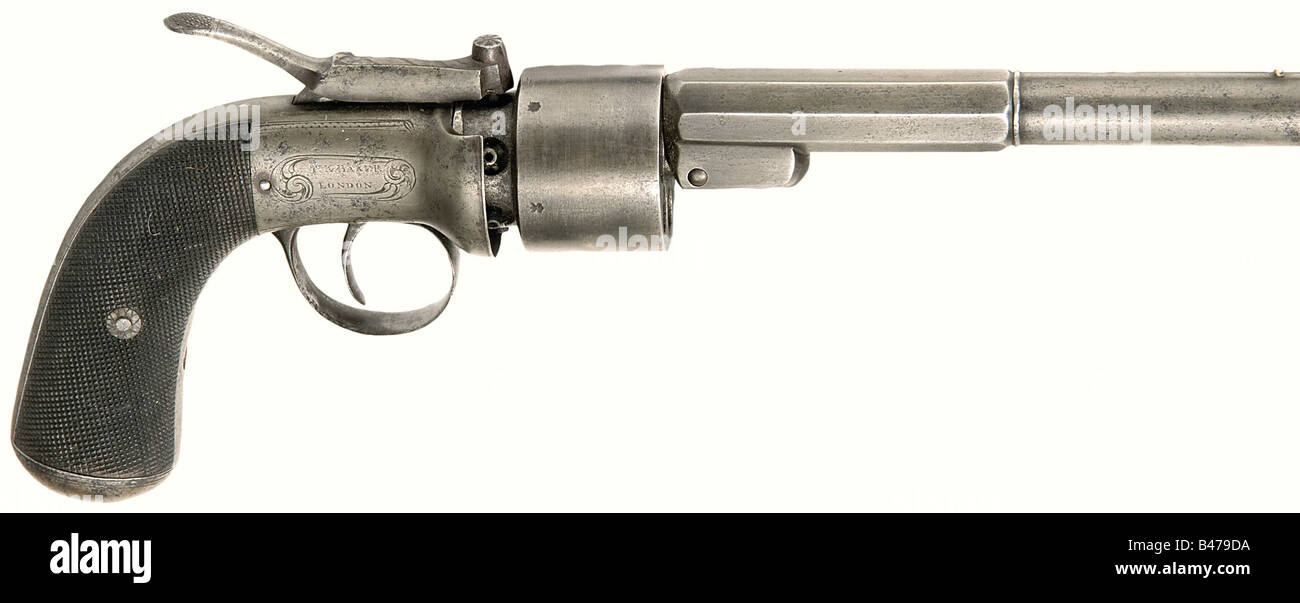 Ein Baker-Percussion-Revolver, London, ca. 1850 In cal..44 Nummer 3. Geflohene Bohrung, Sechsschusszylinder mit Londoner Prüfmarke. Eingraviert mit einem zentralen Hammer. Oben eingeschrieben, "Registriert am 24. April. 1850", "Baker London" auf der rechten Seite und "Bakers Patent" auf dem Hammer. Walnussgriffplatten mit feiner Karierung. Länge 29 cm. Im Lieferumfang enthalten ist die originale Holzkoffer, Schlüssel fehlt. Auf dem Deckel befindet sich eine leere Messingplatte. Die Innenseite ist mit blauem Tuch ausgekleidet. Originalanweisungen im Deckel. Zahlreiche Zubehörteile mit Schlagdeckelkasten, Ramrod und Reinigungsstange, Stockfoto