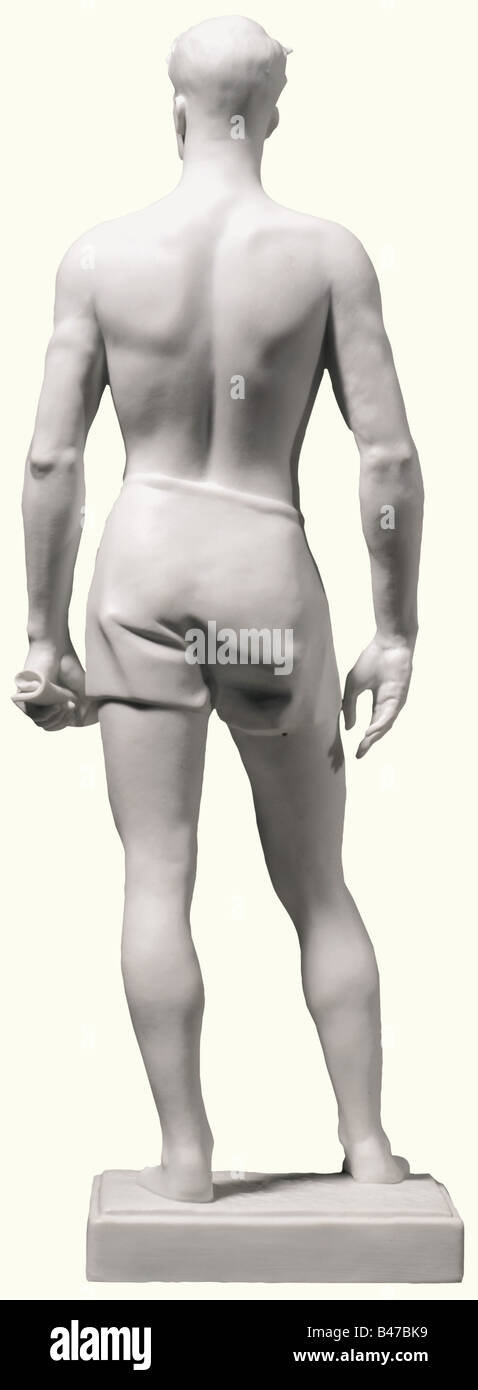 Der Sieger, Allacher Porzellan, Stellt weiße, unglasierte Porzellanfigur her. Auf dem Sockel steht die eingelassene Künstlersignatur 'F. Nagy", "S Allach" in einem Achteck und der Seriennummer "109". Höhe 37,5 cm. Expressiv modellierte Figur, die auf einem ganzseitigen Foto in der Zeitschrift 'SS Leidiebstahl', Band 7, Ausgabe 2a abgebildet ist. Vgl. Hermann Historica, 26. Auktion, 8./9. Mai 1992, Los 5709. Extrem selten. Historisch, historisch, Menschen, 1930er, 1930er, 1930er, 20. Jahrhundert, Objekt, Objekte, Stills, Clipping, Ausschnitte, Ausschnitte, Ausschnitte, Ausschnitte, Mann, Männer, männlich, Stockfoto