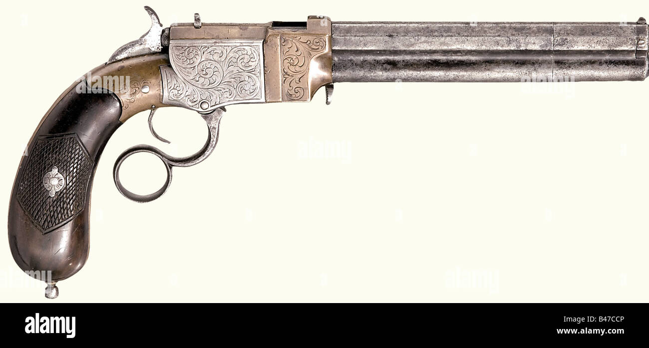 Eine Vendetti Repetierpistole, Italien, ca. 1860. Repetiersystem ähnlich der amerikanischen Vulkanpistole. 5,5-Zoll-Barrel im Kaliber 11 mm. Oben undeutlich mit "Venditi..." markiert. Graviertes Gehäuse aus Eisen und Messing, dunkle Griffplatten aus Holz. Länge 31 cm. Repetiermechanismus beschädigt, Eisenteile an Orten spottig und pitty. Historische, historische, historische, 19. Jahrhundert, zivile Handfeuerwaffen, zivile Handfeuerwaffen, Handfeuerwaffen, Handfeuerwaffen, Pistolen, Waffen, Schusswaffen, Feuerwaffen, Feuerwaffen, Waffen, Waffen, Waffen, Waffen, Waffen, Waffen, Waffen, Gegenstände, Objekte, Fotos, Clipping, Clippings, Cut o, Stockfoto