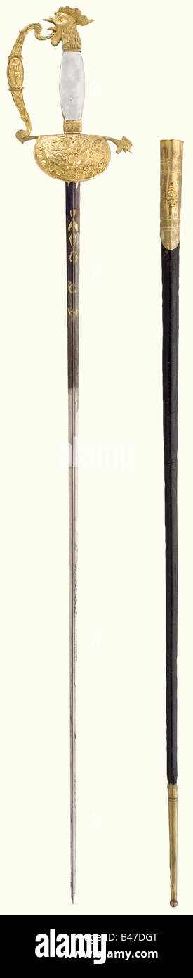 Ein Offizierskleinschwert aus der Regierungszeit von Louis-Phillipe (1830 - 1848). Eine schlanke, dreikantige Klinge mit dem oberen dritten Lager, geätzt und vergoldet, mit Trophäenschmuck auf blauem Hintergrund. Feuervergoldeter, feiner Reliefknucklebow-Griff. Die Schutzplatte zeigt einen gallischen Hahn auf Kampftrophäen. Perlmutt-Griffwaagen (wiederhergestellt?). Pommel in Form eines Rosters Kopf. Schwarze Lederschaber mit vergoldeten Messinghalterungen. Länge 96 cm historisch, historisch, 19. Jahrhundert, Thrusting, Thrustings, Handwaffe, Handwaffen, Nahkampfwaffe, Nahkampfwaffen, Hand, Stockfoto