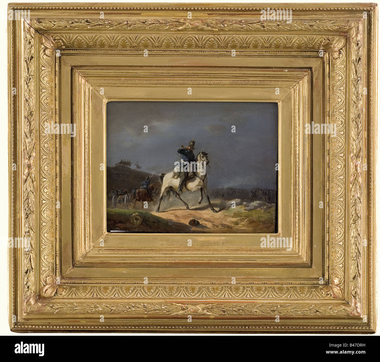 Adolf Schreyer (1828 - 1899) - "Artillerie anzugreifen", Öl auf Pappe, Monogramm" als "rechts unten. Im Vordergrund ein preußische Artillerie Soldaten zu Pferde, der Angriff Signal, im Hintergrund angreifenden Field Artillery, auf dem Hügel der preußische Generalstab. 16,5 x 21,5 cm. Auf der Rückseite des alten handschriftlichen Notiz' frühe Arbeit von Schreyer'. In alten vergoldeten Rahmen mit der Inschrift "J. Wachendörfer jun. Vergolder-Frankfurt'. Atmosphärische Szene des Krieges von Schleswig-Holstein 1848 - 1850. Adolf Schreyer, Kampf und Pferd Maler, studierte, Artist's Urheberrecht nicht gelöscht werden Stockfoto