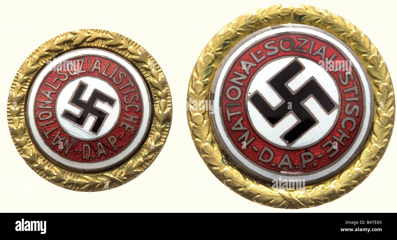 Goldene Parteiabzeichen der NSDAP, in 30 und 24mmAusgabe mit passenden Nummern 